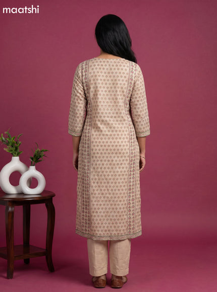 Cream Linen Silk Printed Straight Suit