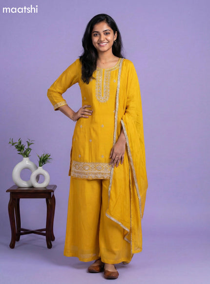 Yellow Chinnon Silk Embroidery Work Short Straight Suit