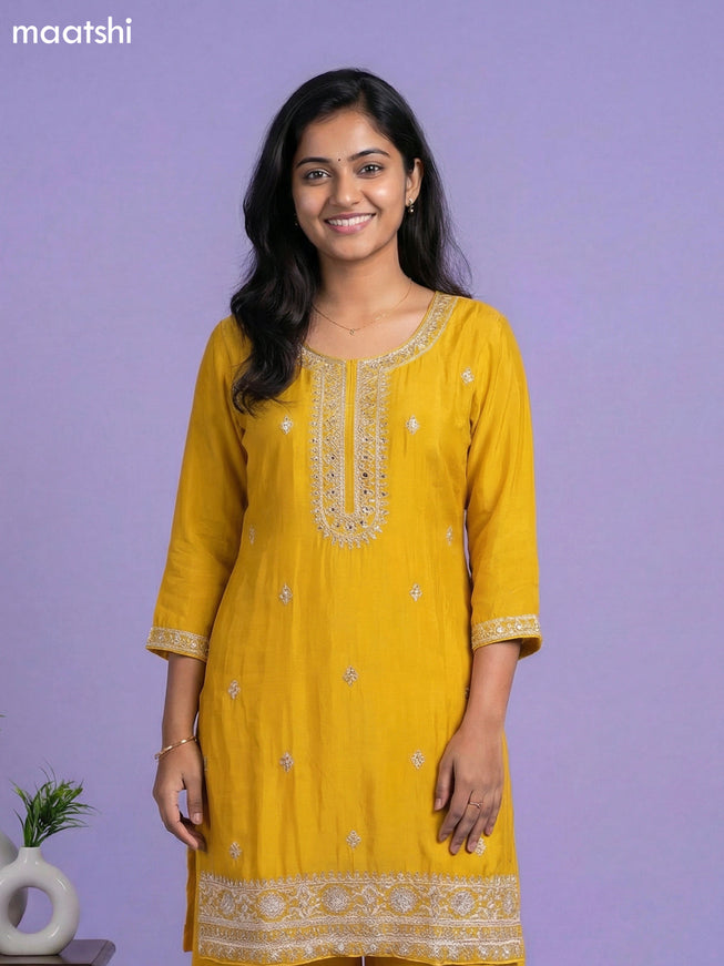 Yellow Chinnon Silk Embroidery Work Short Straight Suit