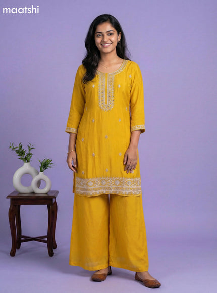 Yellow Chinnon Silk Embroidery Work Short Straight Suit