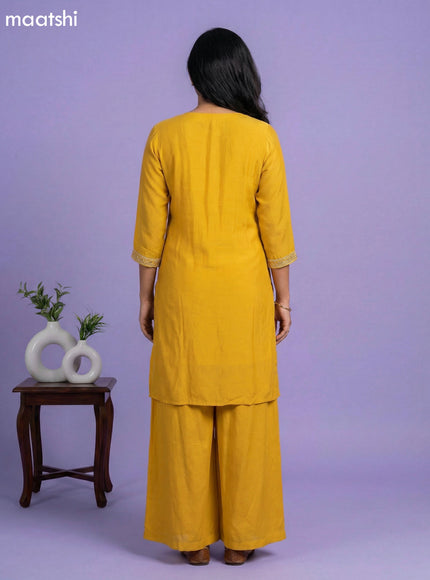 Yellow Chinnon Silk Embroidery Work Short Straight Suit