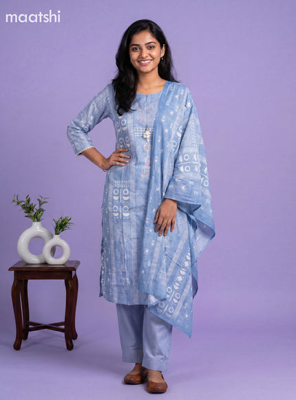 Blue Semi Tussar Printed & Embroidery Work Staright Suit