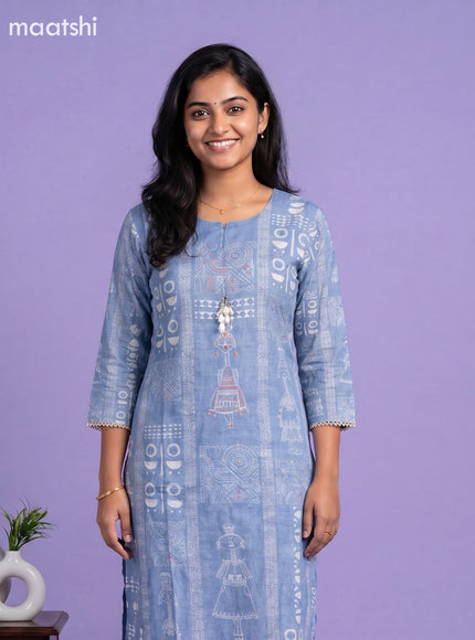 Blue Semi Tussar Printed & Embroidery Work Staright Suit