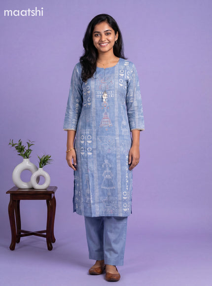 Blue Semi Tussar Printed & Embroidery Work Staright Suit
