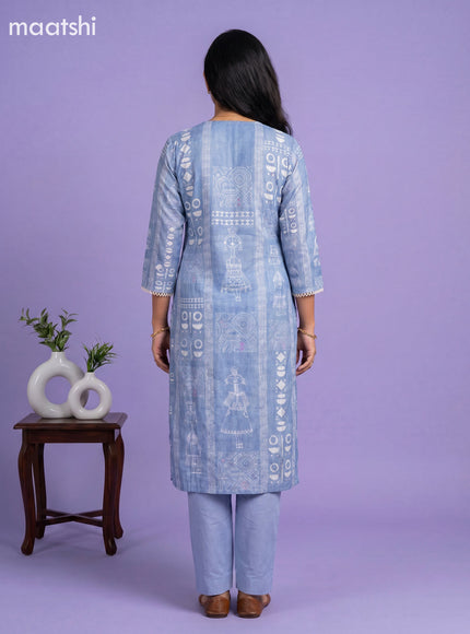 Blue Semi Tussar Printed & Embroidery Work Staright Suit