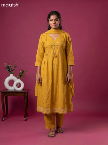 Mustard Yellow Cotton Mirror Embroidery Work Anarkali Suit