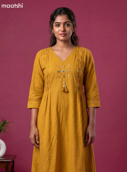 Mustard Yellow Cotton Mirror Embroidery Work Anarkali Suit