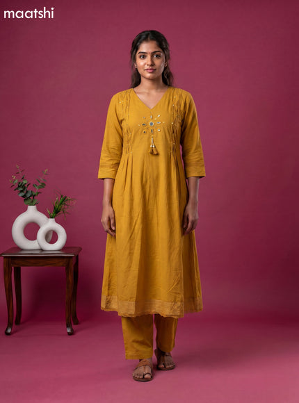 Mustard Yellow Cotton Mirror Embroidery Work Anarkali Suit