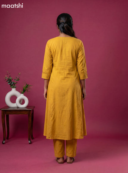 Mustard Yellow Cotton Mirror Embroidery Work Anarkali Suit