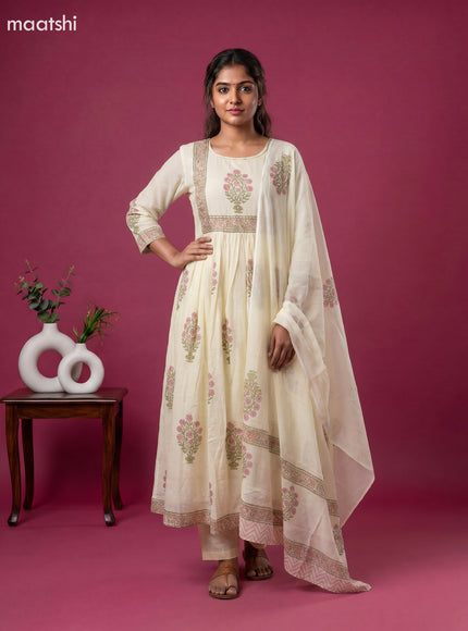 Pale Yellow Cotton Floral Printed Anarkali Suit