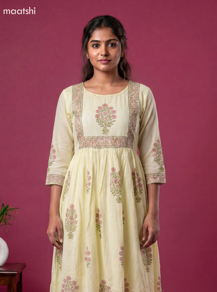 Pale Yellow Cotton Floral Printed Anarkali Suit