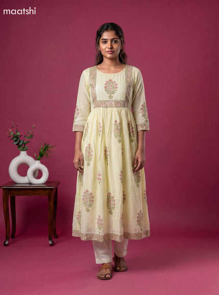 Pale Yellow Cotton Floral Printed Anarkali Suit