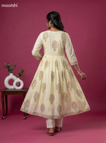 Pale Yellow Cotton Floral Printed Anarkali Suit