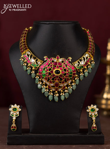 Jadau necklace peacock design with jadau kundan stones and pearl & mint green beads hangings