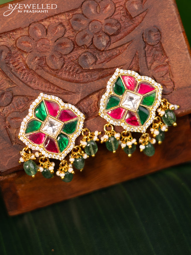 Antique screw type earrings with jadau kundan stones and natural beads hanging