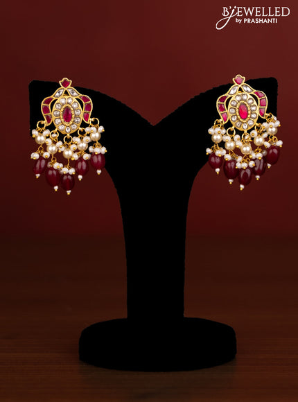 Beaded multilayer maroon haaram with pink jadau kundan stones and natural beads & pearl hangings