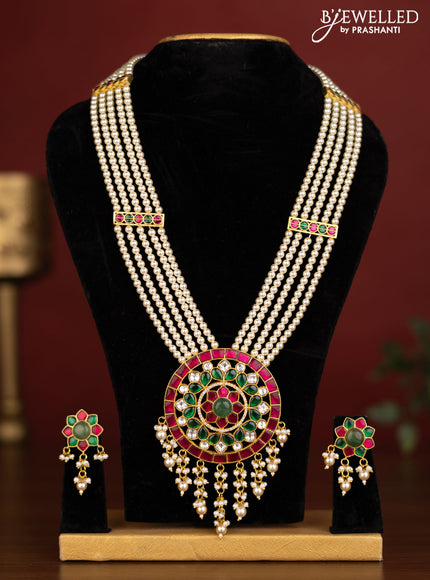 Jadau pearl haaram multilayer with jadau kundan stones and pearl hangings