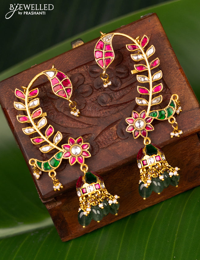 Antique earcuff jhumka with jadau kundan stones and pearl & beads hanging