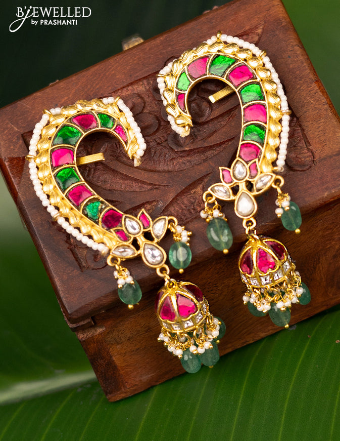 Antique earcuff jhumka with jadau kundan stones and pearl & beads hanging