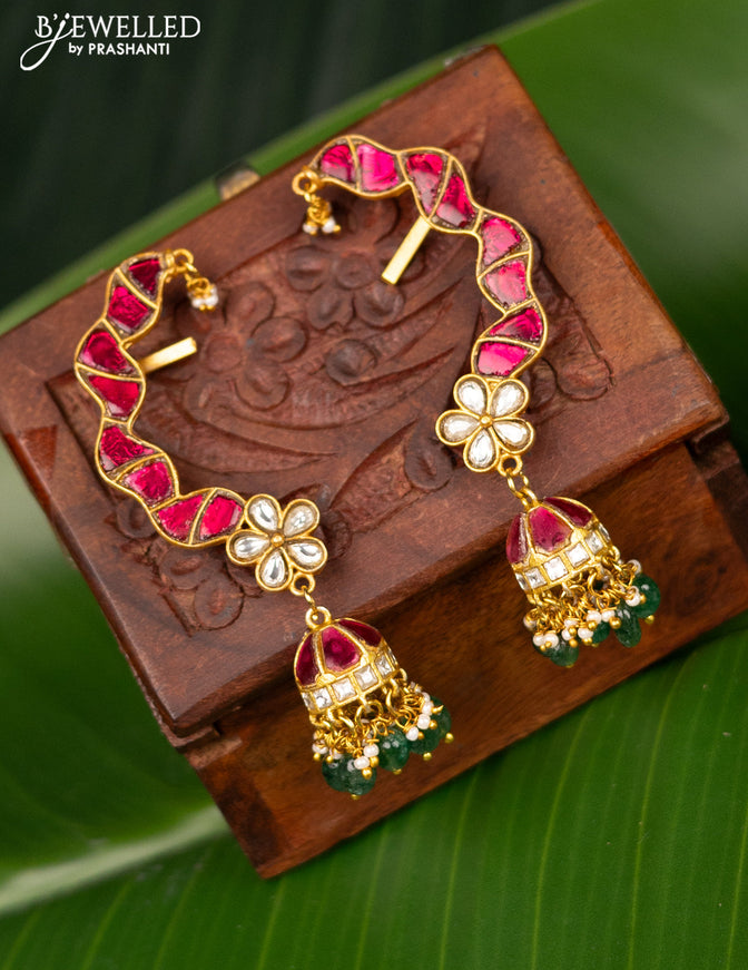 Antique earcuff jhumka with pink jadau kundan stones and pearl & beads hanging