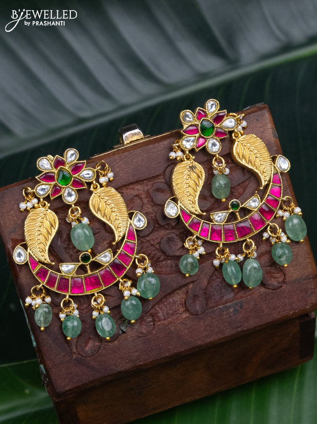 Jadau screw type earrings leaf & chandbali design with jadau kundan stones and pearl & mint green beads hanging