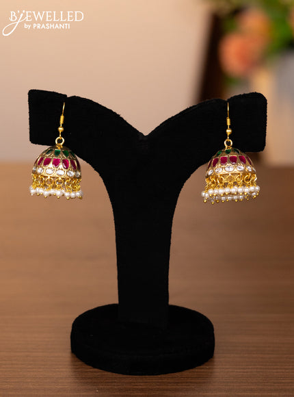 Jadau hanging type jhumkas with kemp jadau & kundan stones and pearl hangings