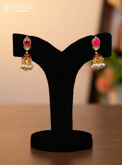 Jadau screw type jhumkas with kemp jadau & kundan stones and pearl hangings