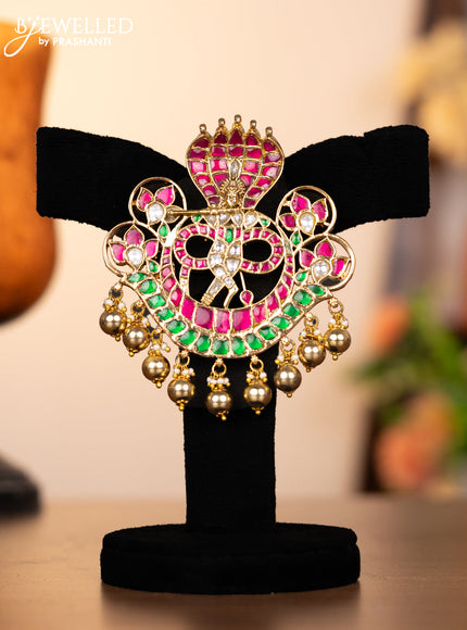 Jadau pendant set krishna design with kemp jadau kundan stones and golden beads hangings
