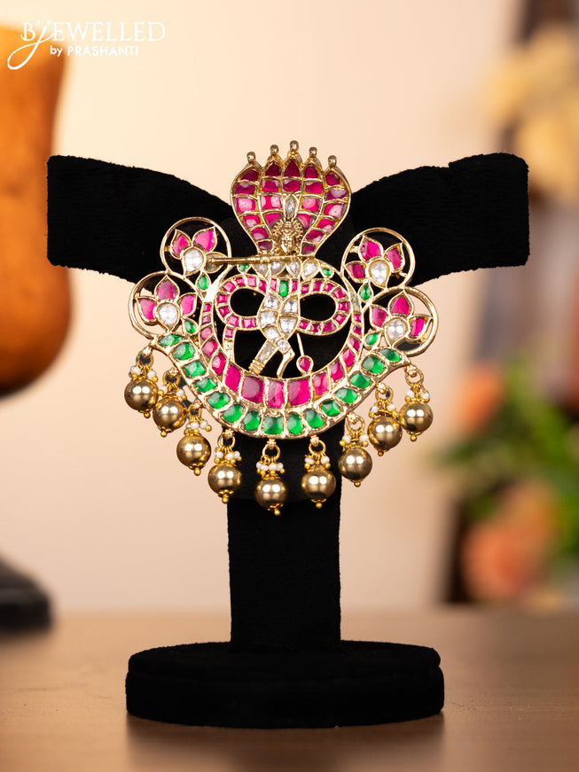 Jadau pendant set krishna design with kemp jadau kundan stones and golden beads hangings