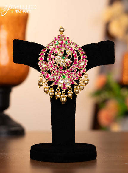 Jadau pendant set peacock design with kemp jadau kundan stones and golden beads hangings