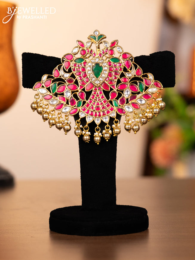 Jadau pendant set double peacock design with kemp jadau kundan stones and golden beads hangings