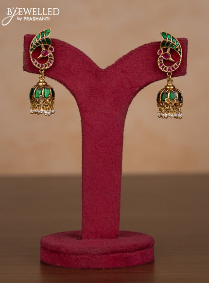 Jadau jhumka peacock design with kemp jadau stones and pearl hangings
