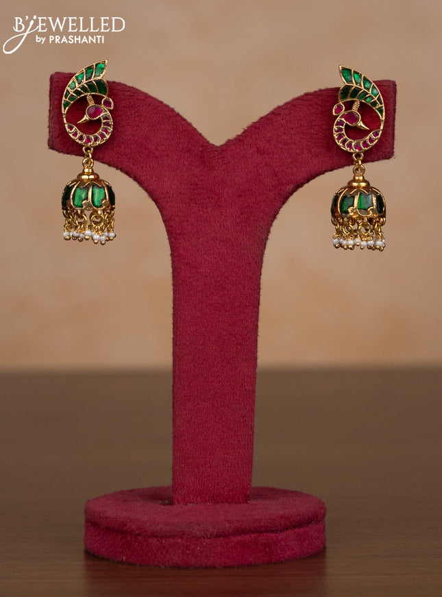 Jadau jhumka peacock design with kemp jadau stones and pearl hangings