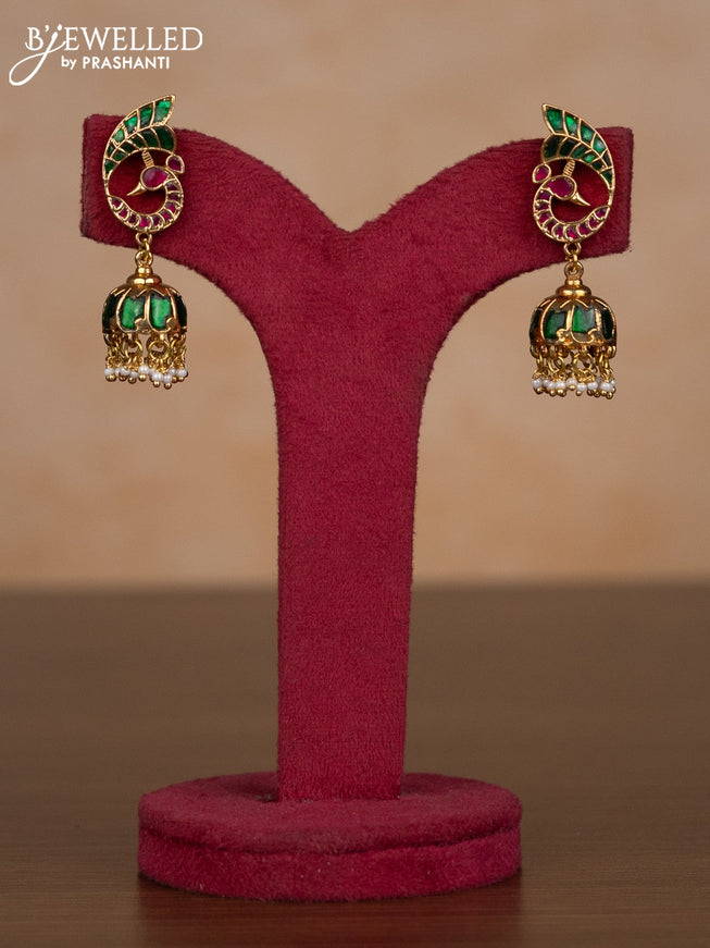 Jadau jhumka peacock design with kemp jadau stones and pearl hangings