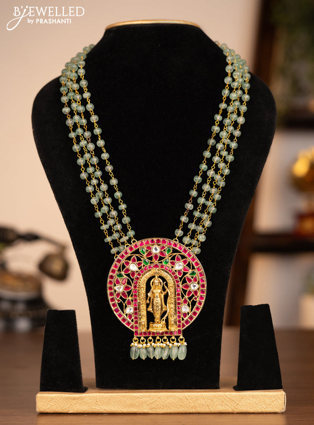 Antique beaded green necklace ram darbar pendant with jadau kundan stones and beads hanging without earrings