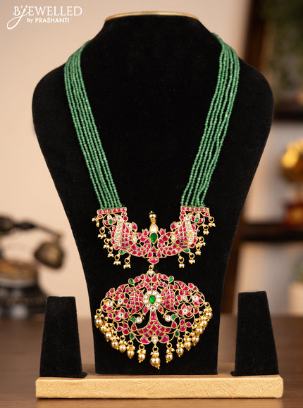 Antique beaded green necklace peacock design with jadau kundan stones and pearl & golden beads hanging without earring
