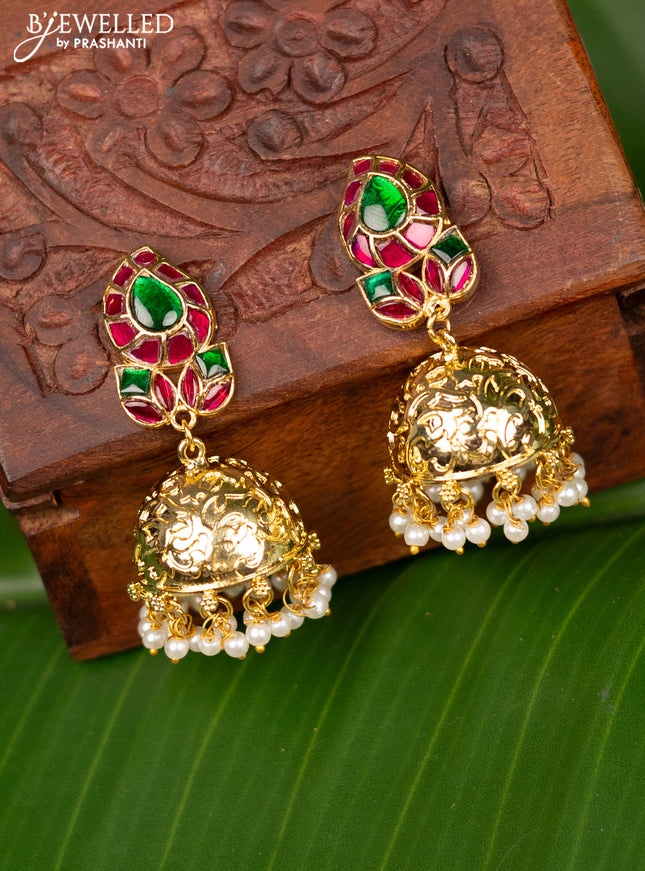 Antique screw type jhumka lakshmi design with jadau kundan stones and pearl & golden beads hanging