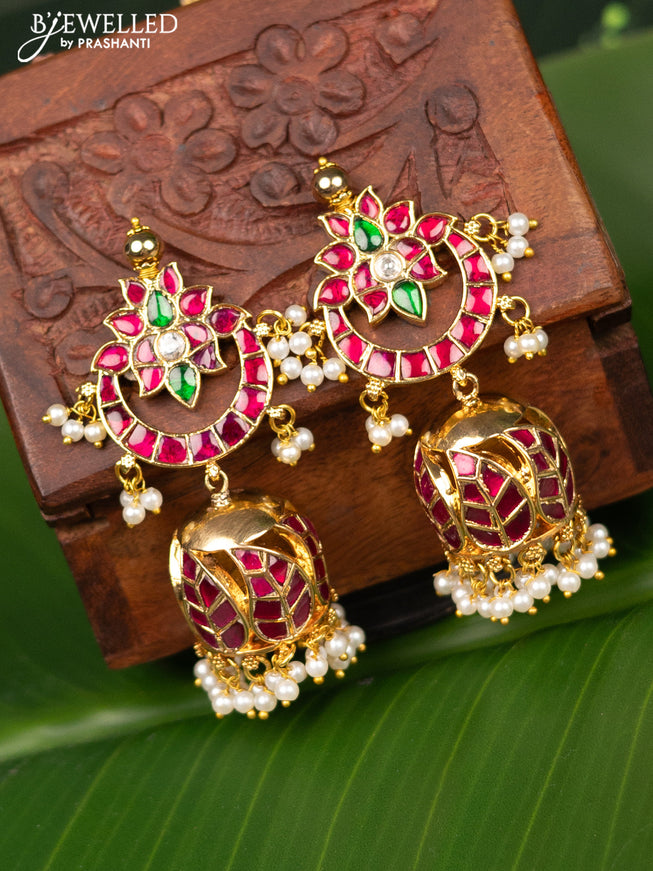 Antique screw type jhumka chandbali design with jadau kundan stones and pearl hangings