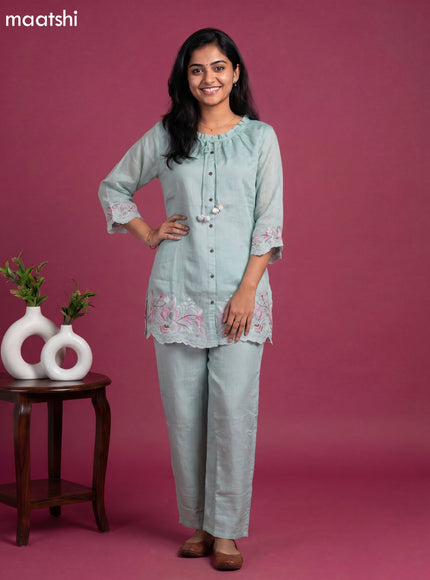 Pastel Green Mul Chanderi Embroidery Work Short Co-Ord Set