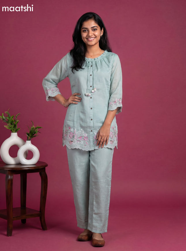 Pastel Green Mul Chanderi Embroidery Work Short Co-Ord Set