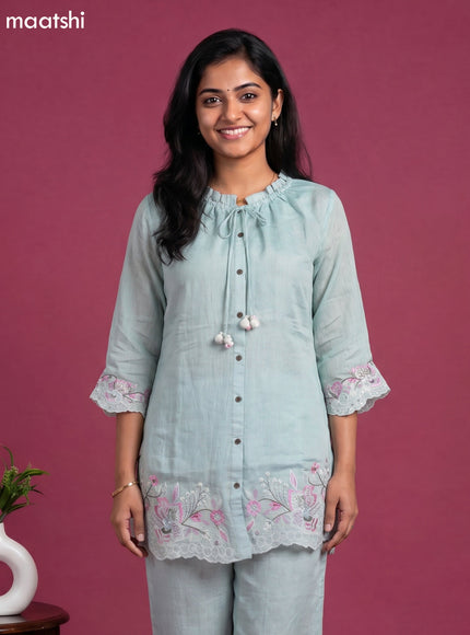 Pastel Green Mul Chanderi Embroidery Work Short Co-Ord Set