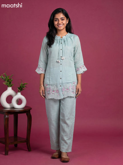 Pastel Green Mul Chanderi Embroidery Work Short Co-Ord Set