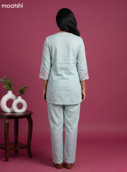 Pastel Green Mul Chanderi Embroidery Work Short Co-Ord Set