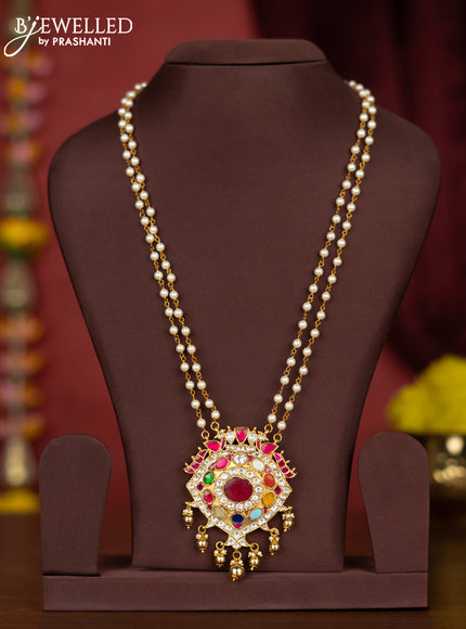 Jadau pearl haaram with kemp jadau kundan stones and golden beads hangings