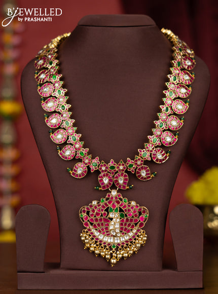 Jadau haaram manga pattern with kemp jadau kundan stones and golden beads hangings