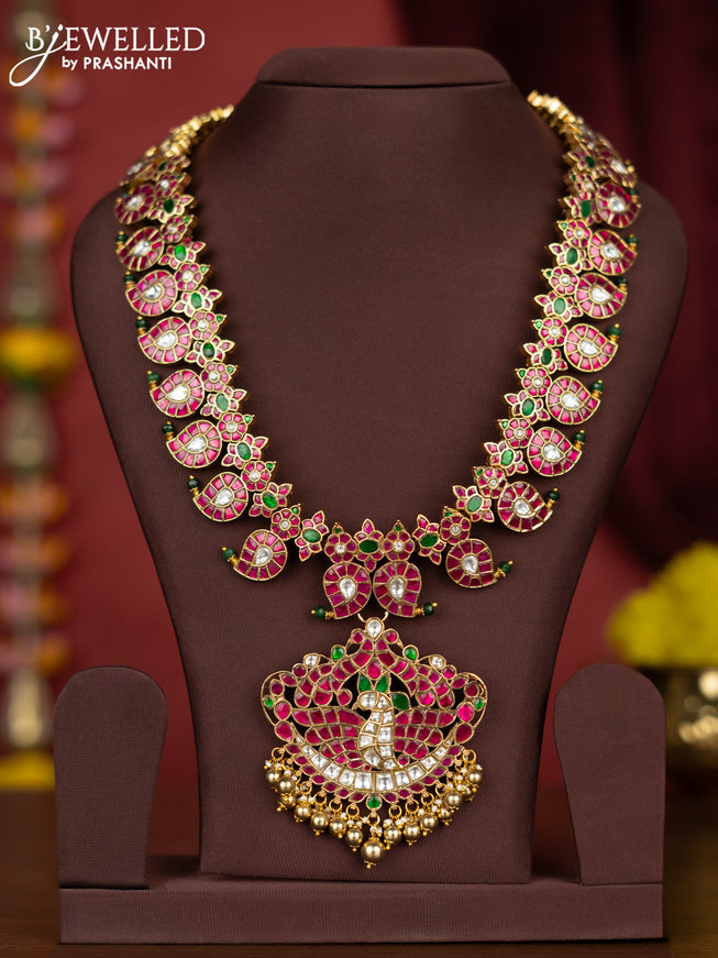 Jadau haaram manga pattern with kemp jadau kundan stones and golden beads hangings