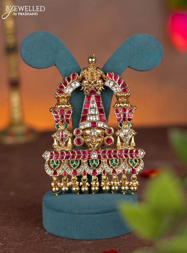 Jadau pendant tirupati balaji design with jadau kundan stones and pearl & golden beads hanging