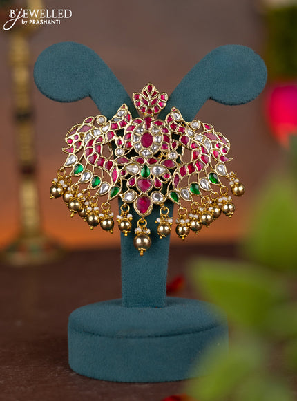 Jadau pendant double peacock design with jadau kundan stones and pearl & golden beads hanging