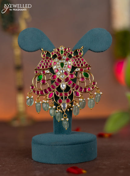 Jadau pendant peacock design with jadau kundan stones and pearl & natural beads hanging