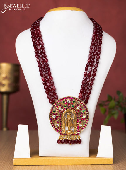Jadau beaded maroon haaram ramlala pendant with jadau kundan stones and pearl & beads hanging without earrings